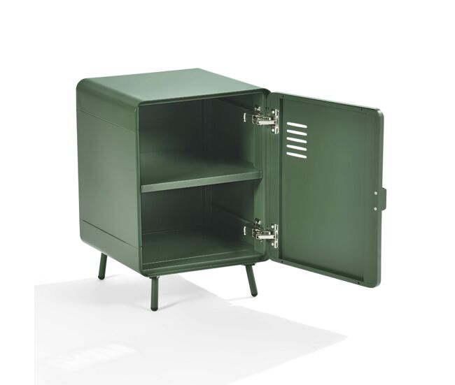 Armário metálico pequeno com porta e prateleira interna, design retrô com pés de aço, móvel auxiliar para sala ou quarto, estrutura resistente e