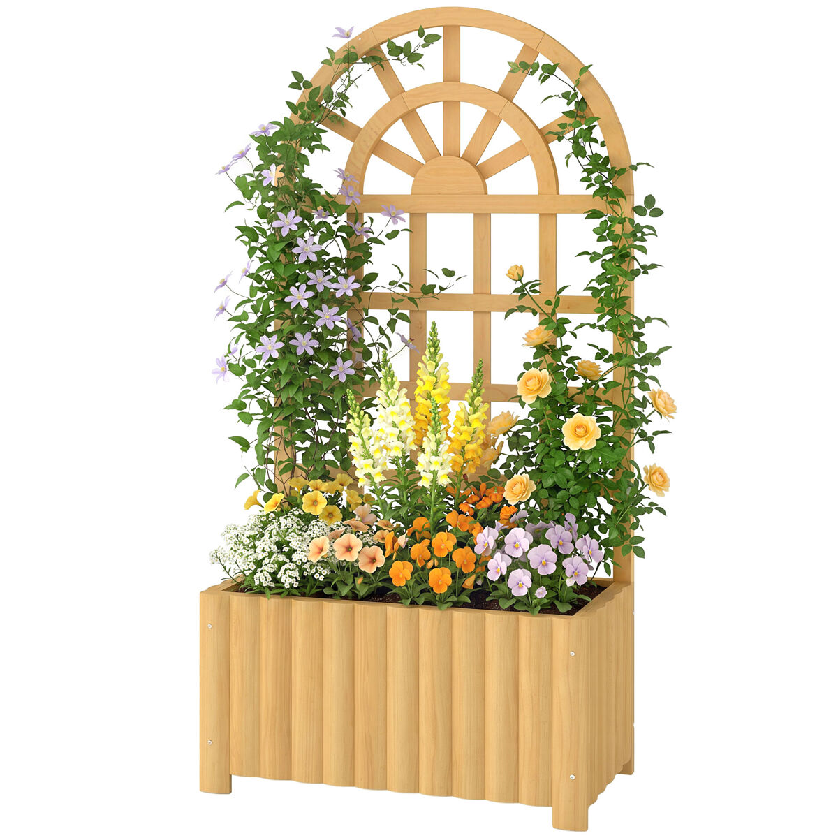 Jardineira de madeira com treliça e sistema de drenagem para o cultivo de vegetais, flores e ervas, 60x30x120 cm, cor natural.