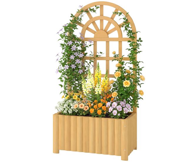 Jardineira de madeira com treliça e sistema de drenagem para o cultivo de vegetais, flores e ervas, 60x30x120 cm, cor natural.
