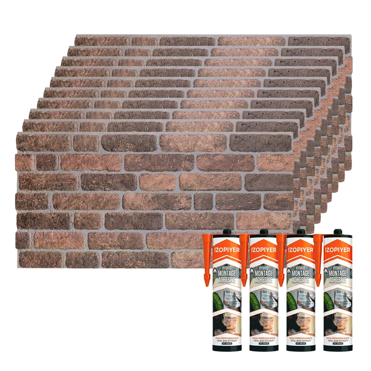 Conjunto de 10 painéis de parede decorativos efeito 3d tijolo industrial escuro em eps + 4 tubos de adesivo de montagem de alta resistência