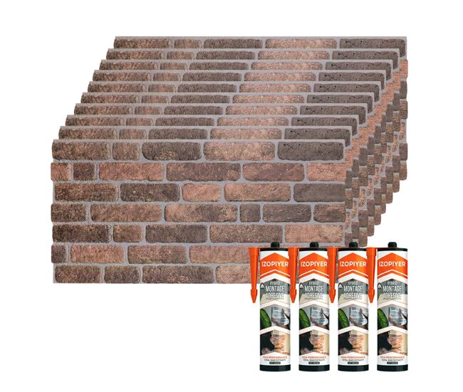 Conjunto de 10 painéis de parede decorativos efeito 3d tijolo industrial escuro em eps + 4 tubos de adesivo de montagem de alta resistência