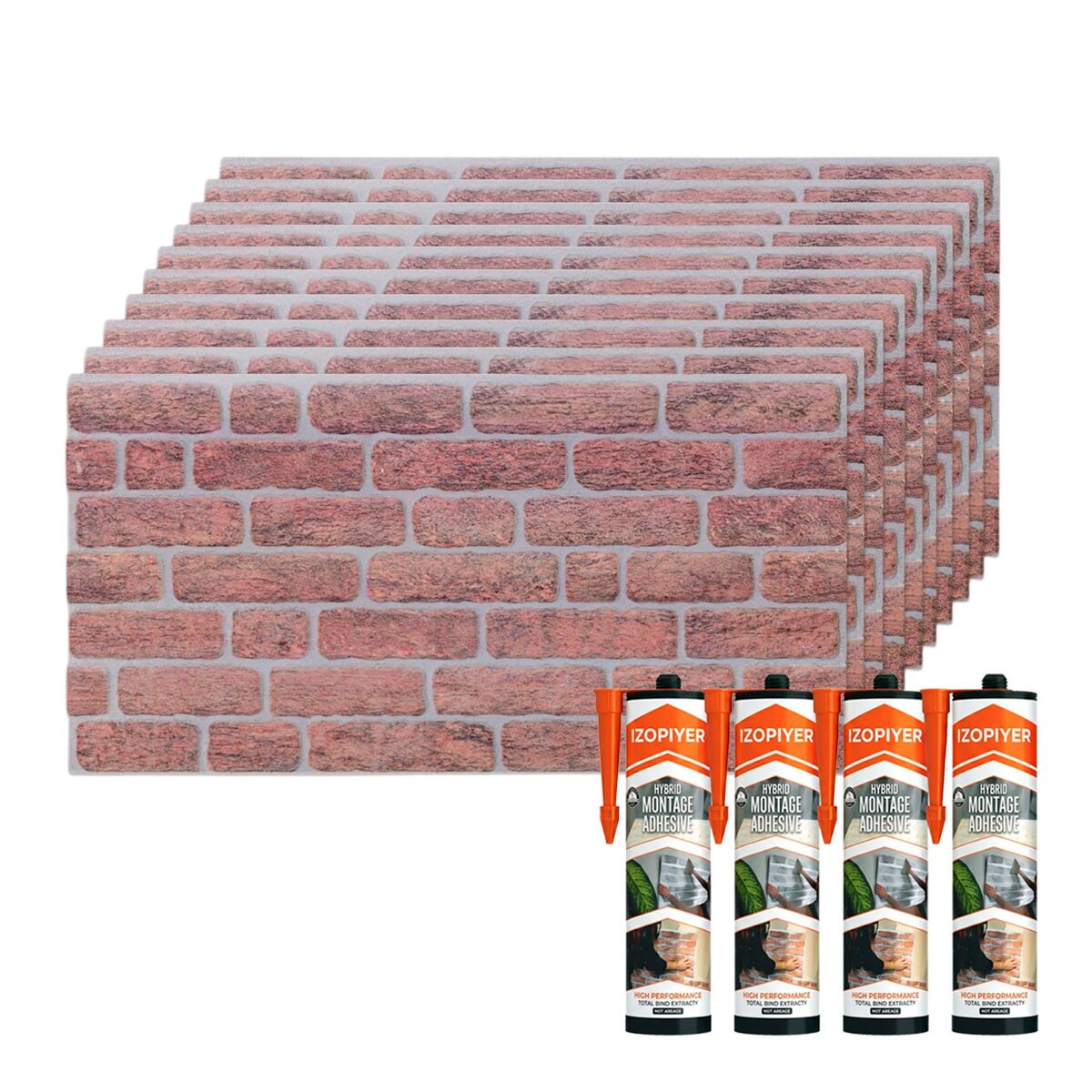 Conjunto de 10 painéis de parede decorativos efeito 3d tijolo clássico vermelho em eps + 4 tubos de adesivo de montagem de alta resistência