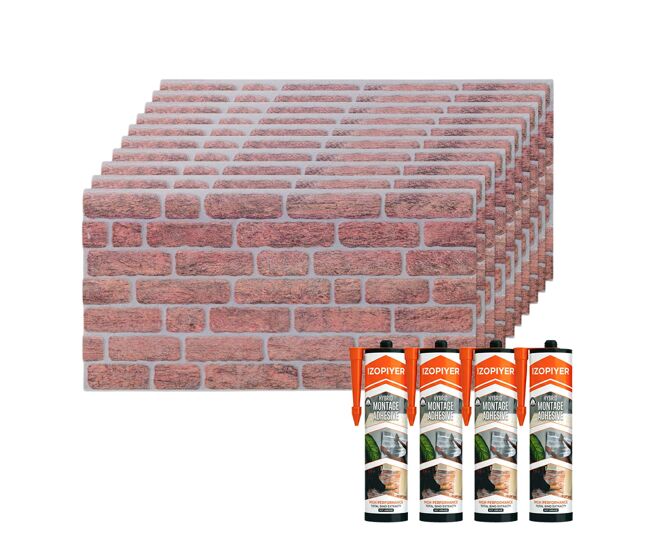 Conjunto de 10 painéis de parede decorativos efeito 3d tijolo clássico vermelho em eps + 4 tubos de adesivo de montagem de alta resistência