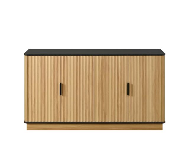Aparador de 4 portas - relevo canelado vertical, estilo madeira, armário para sala de estar, corredor e sala de jantar, grande capacidade de arrumação