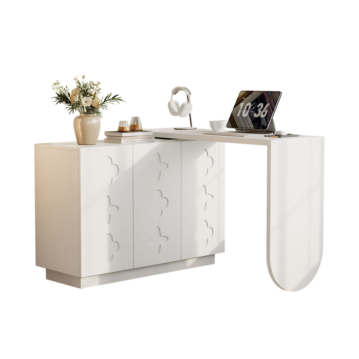 Meubles cosy secretária giratória de 360 graus mesa de computador em l com armário de 3 portas e étagères ajustáveis para escritório estudo toucador 110-170cm cor blanc