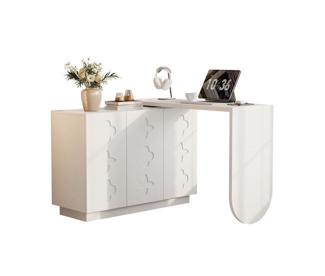 Meubles cosy secretária giratória de 360 graus mesa de computador em l com armário de 3 portas e étagères ajustáveis para escritório estudo toucador 110-170cm cor blanc
