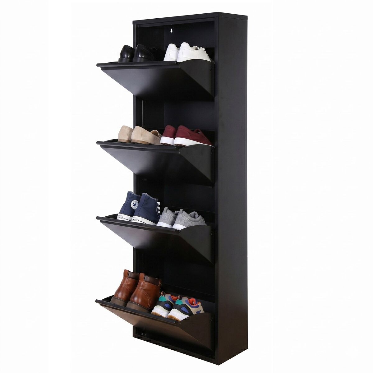 Well home sapateira dunne ultrafina em aço preto, 4 compartimentos para 8 pares de sapatos, 50x13,5x136,5 cm, ideal para corredores e espaços