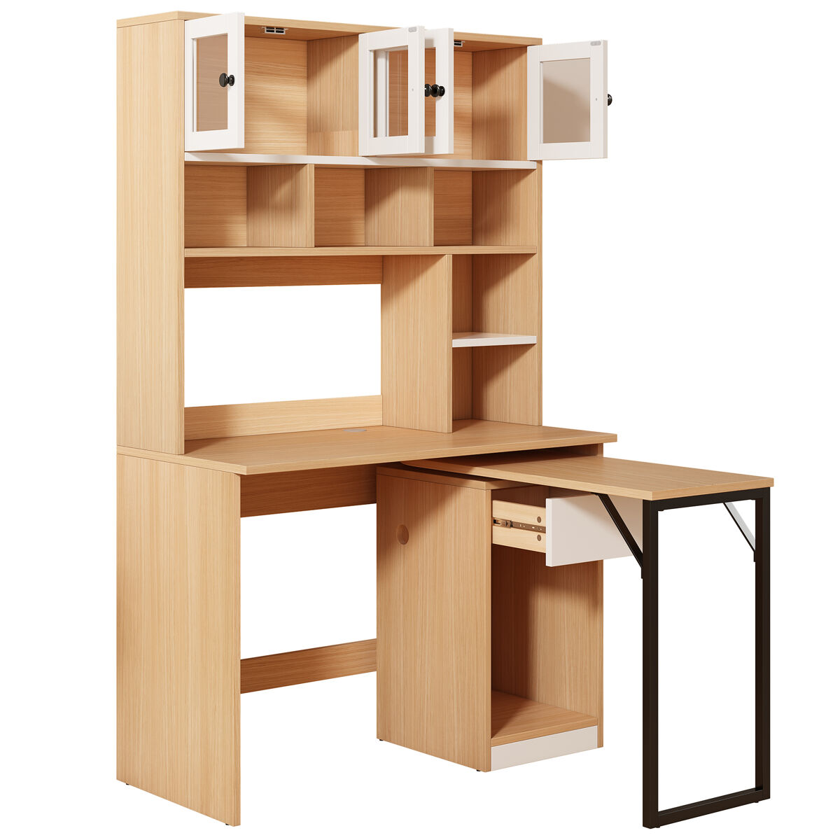 Meubles cosy secretária giratória com étagère alta mesa de computador com armário de portas de acrílico e gaveta para escritório 110x55x180cm cor blanc e natural