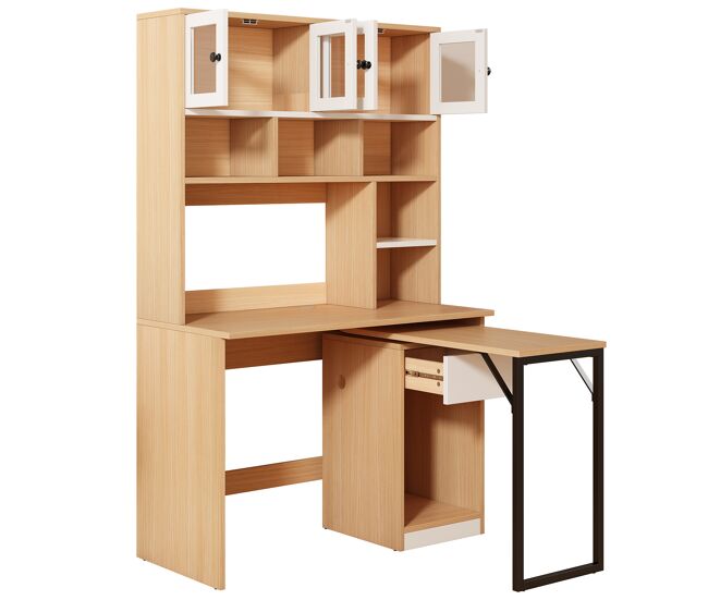 Meubles cosy secretária giratória com étagère alta mesa de computador com armário de portas de acrílico e gaveta para escritório 110x55x180cm cor blanc e natural