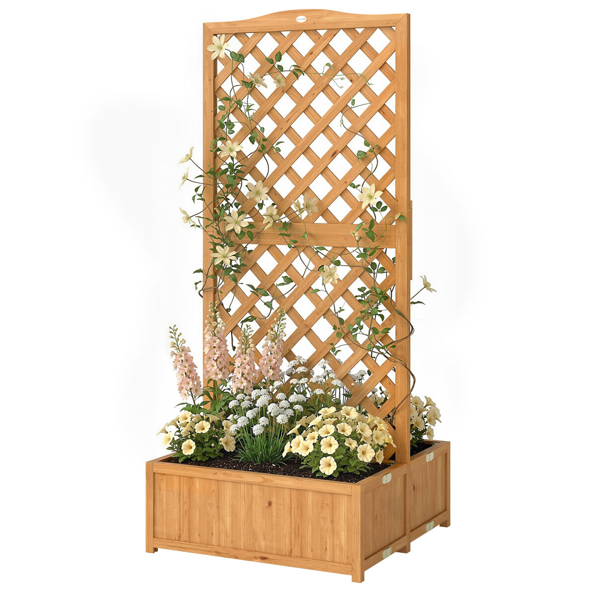 Treliça de madeira para plantas trepadeiras com 2 vasos dobráveis, base ripada, 73x70x170 cm, cor natural.