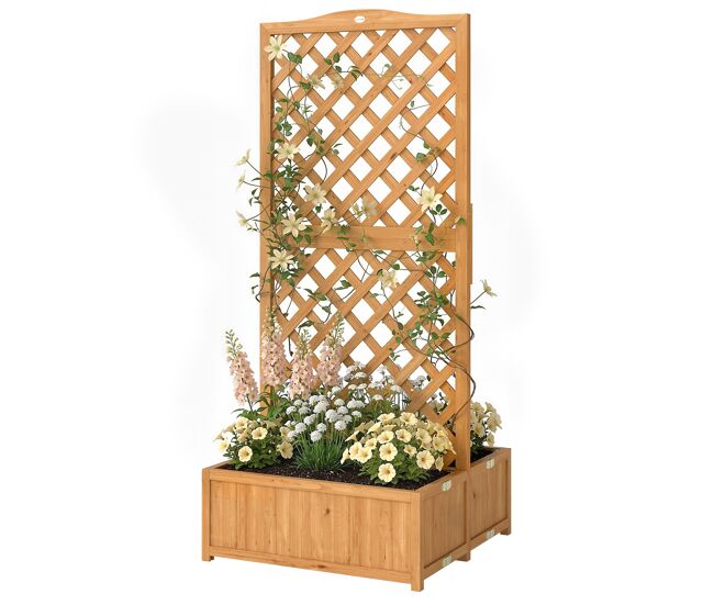 Treliça de madeira para plantas trepadeiras com 2 vasos dobráveis, base ripada, 73x70x170 cm, cor natural.