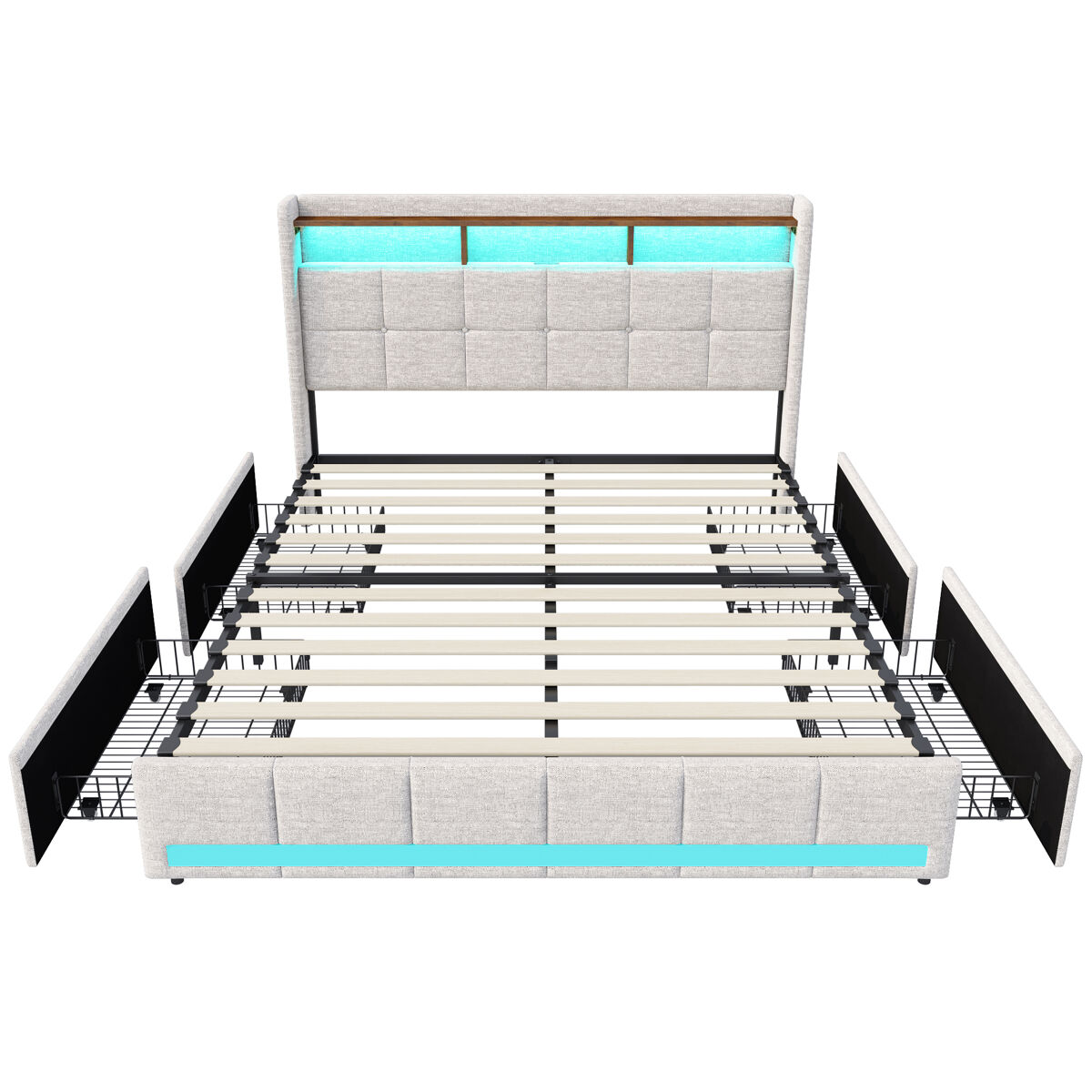 Cama estofada em linho bege com 140x200cm, com entrada usb, estrutura de ripas, 4 gavetas, iluminação led, adequada como cama de casal ou jovem