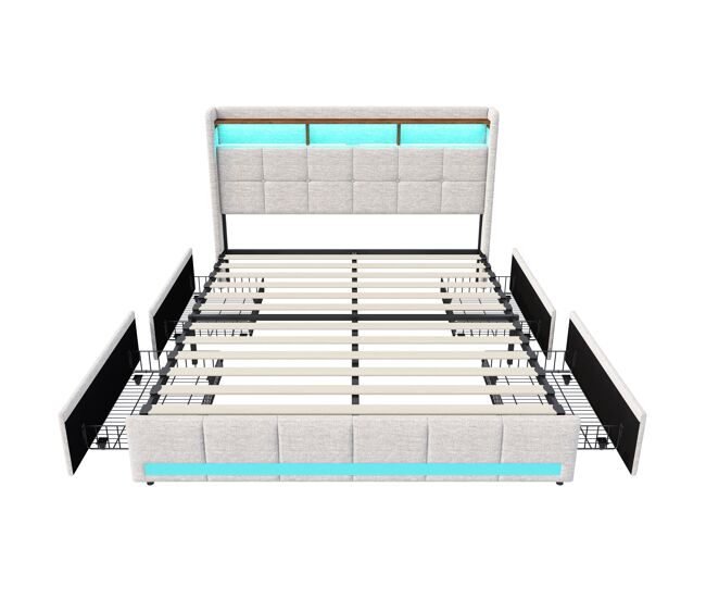 Cama estofada em linho bege com 140x200cm, com entrada usb, estrutura de ripas, 4 gavetas, iluminação led, adequada como cama de casal ou jovem