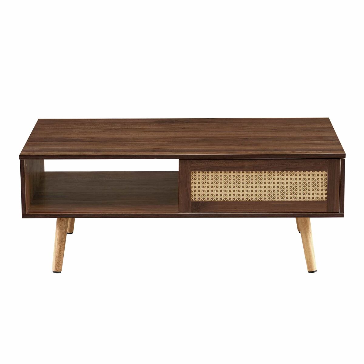 Mesa de centro 105 x 55 x 40 cm - vime trançado, portas de correr, pés em madeira maciça, estilo moderno - castanho