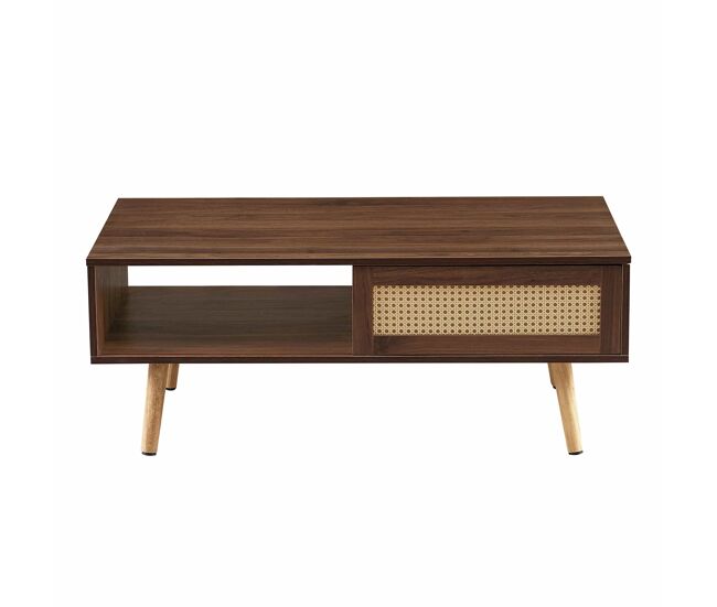 Mesa de centro 105 x 55 x 40 cm - vime trançado, portas de correr, pés em madeira maciça, estilo moderno - castanho