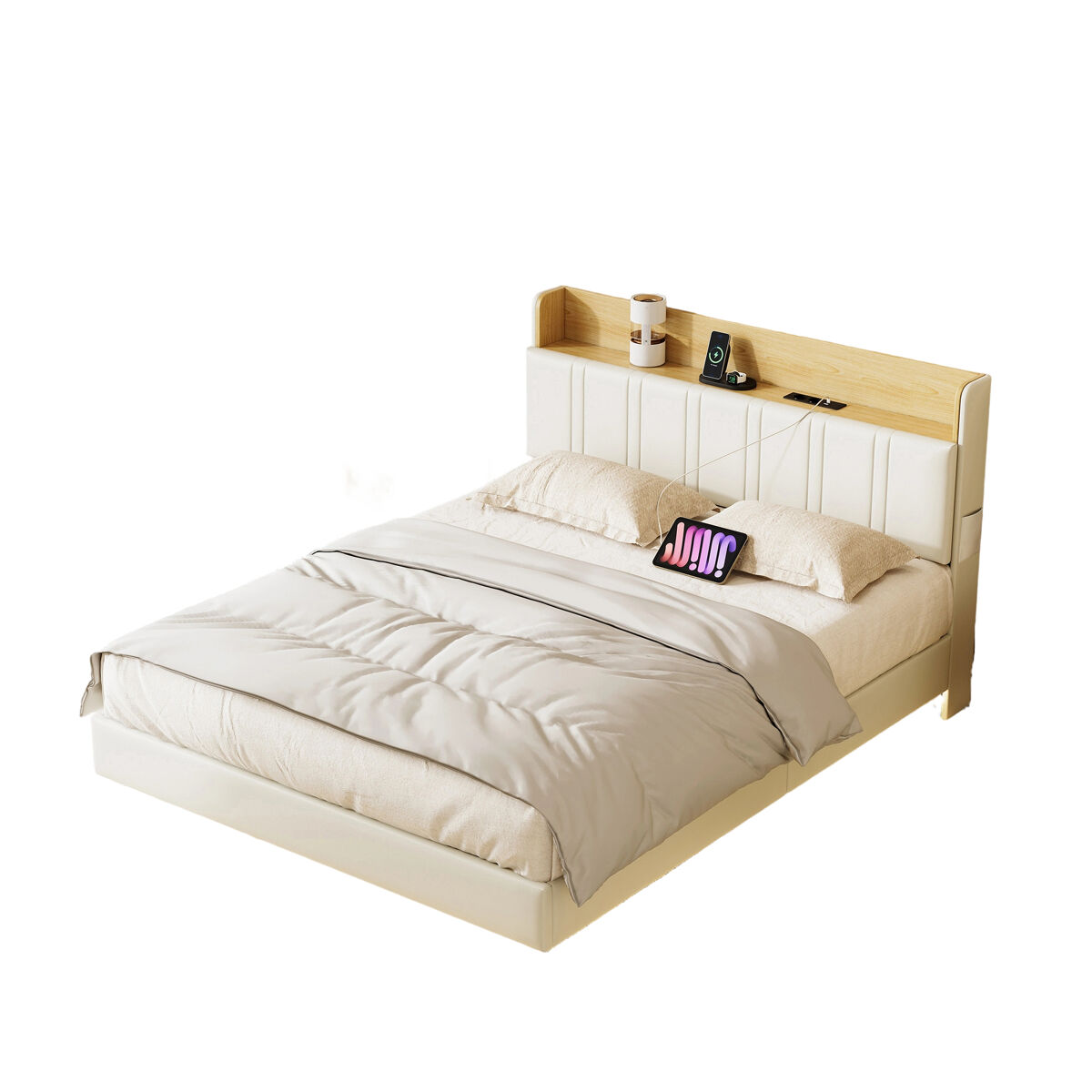 Cama de casal suspensa de design exclusivo com arrumação, luzes led multicoloridas e portas usb – 140x190 cm – couro sintético branco e carvalho claro