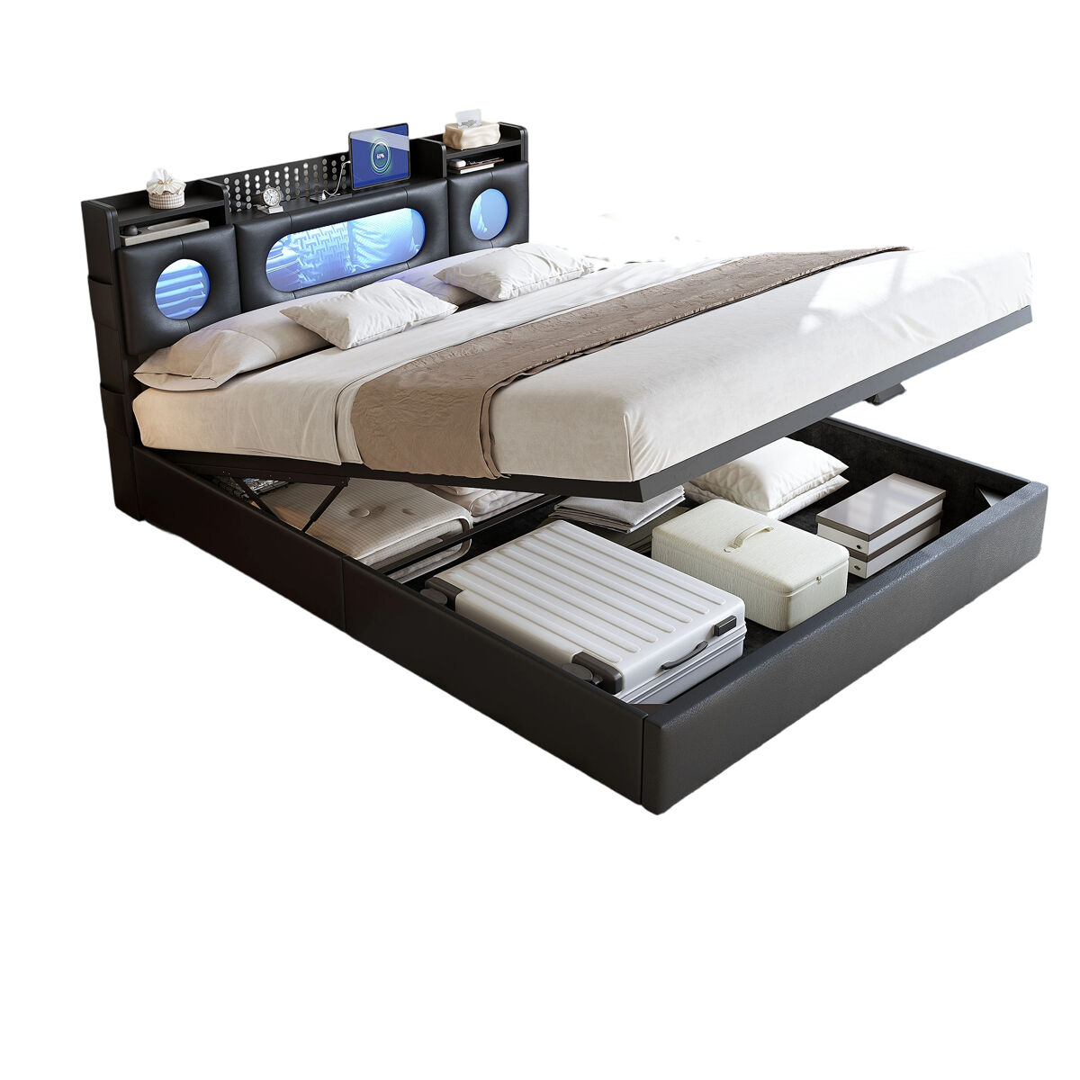 Cama 140x200 cm com compartimentos de molas a gás, portas usb e usb-c, iluminação led e estofado em linho preto, prática e moderna