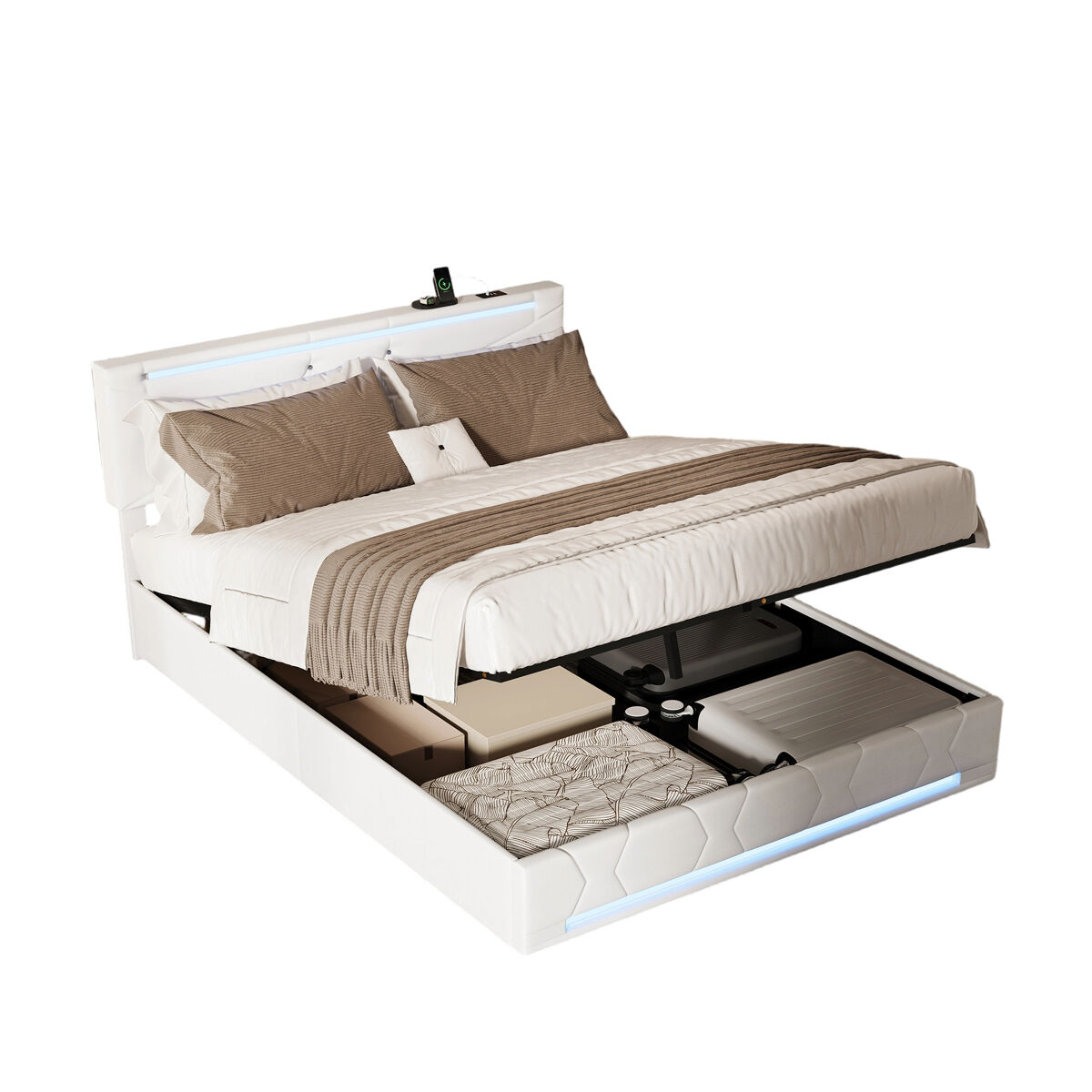 Cama 140x190 cm com armazenamento e iluminação led, cabeceira e pés com iluminação led, estofada em linho bege, carregador usb integrado