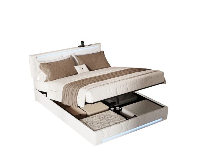 Cama 140x190 cm com armazenamento e iluminação led, cabeceira e pés com iluminação led, estofada em linho bege, carregador usb integrado