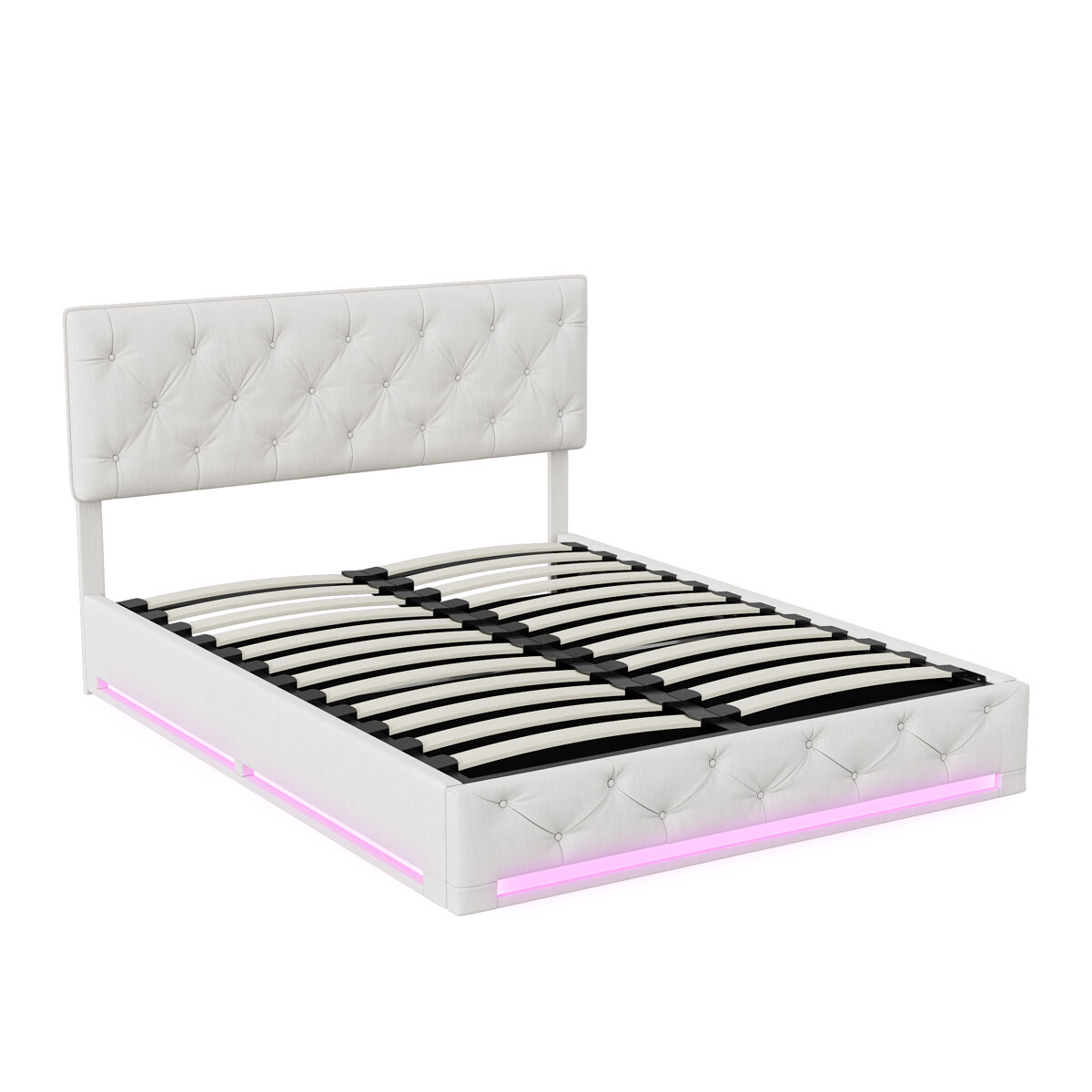 Cama 140x200cm - espaço de arrumação - estrado de ripas - iluminação led e cabeceira regulável - linho - bege