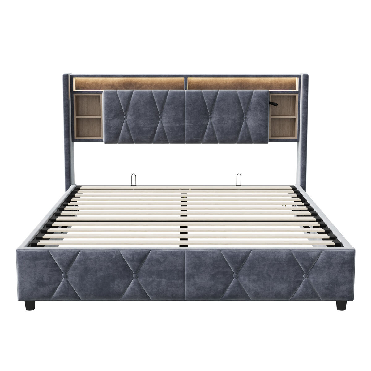 Cama de arrumação 140x200cm - cama de casal com estrado de ripas e cabeceira led com porta de carregamento usb/tipo c, em tecido de veludo cinzento