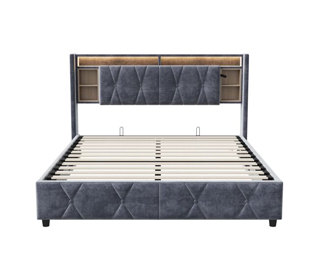 Cama de arrumação 140x200cm - cama de casal com estrado de ripas e cabeceira led com porta de carregamento usb/tipo c, em tecido de veludo cinzento