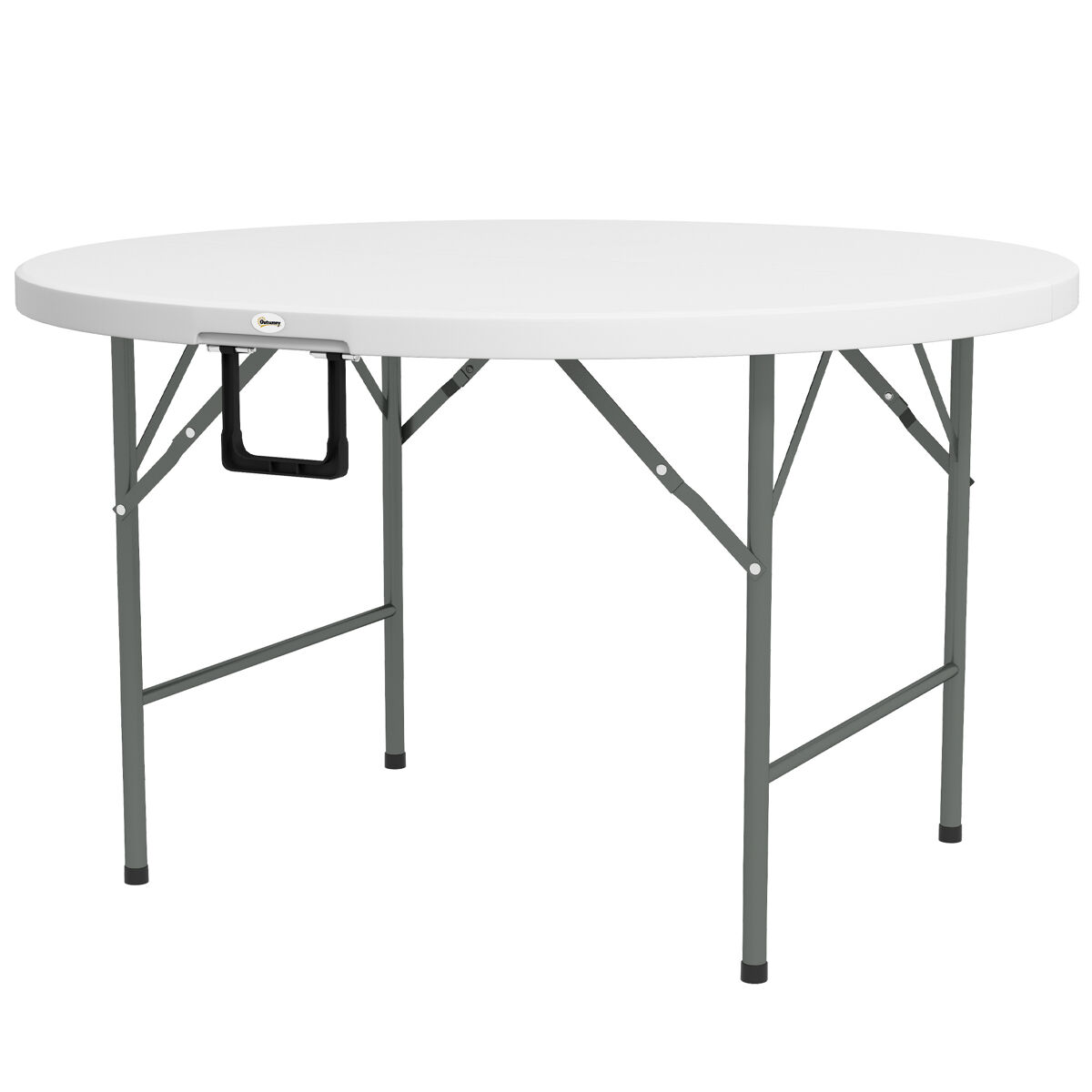 Mesa lateral redonda dobrável para jardim com estrutura de aço e tampo em hdpe, capacidade de carga de 80 kg, ø122x73 cm, branca.