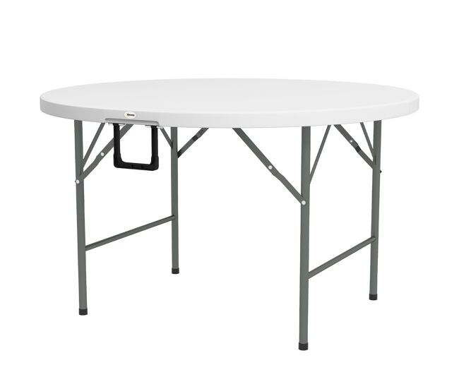Mesa lateral redonda dobrável para jardim com estrutura de aço e tampo em hdpe, capacidade de carga de 80 kg, ø122x73 cm, branca.