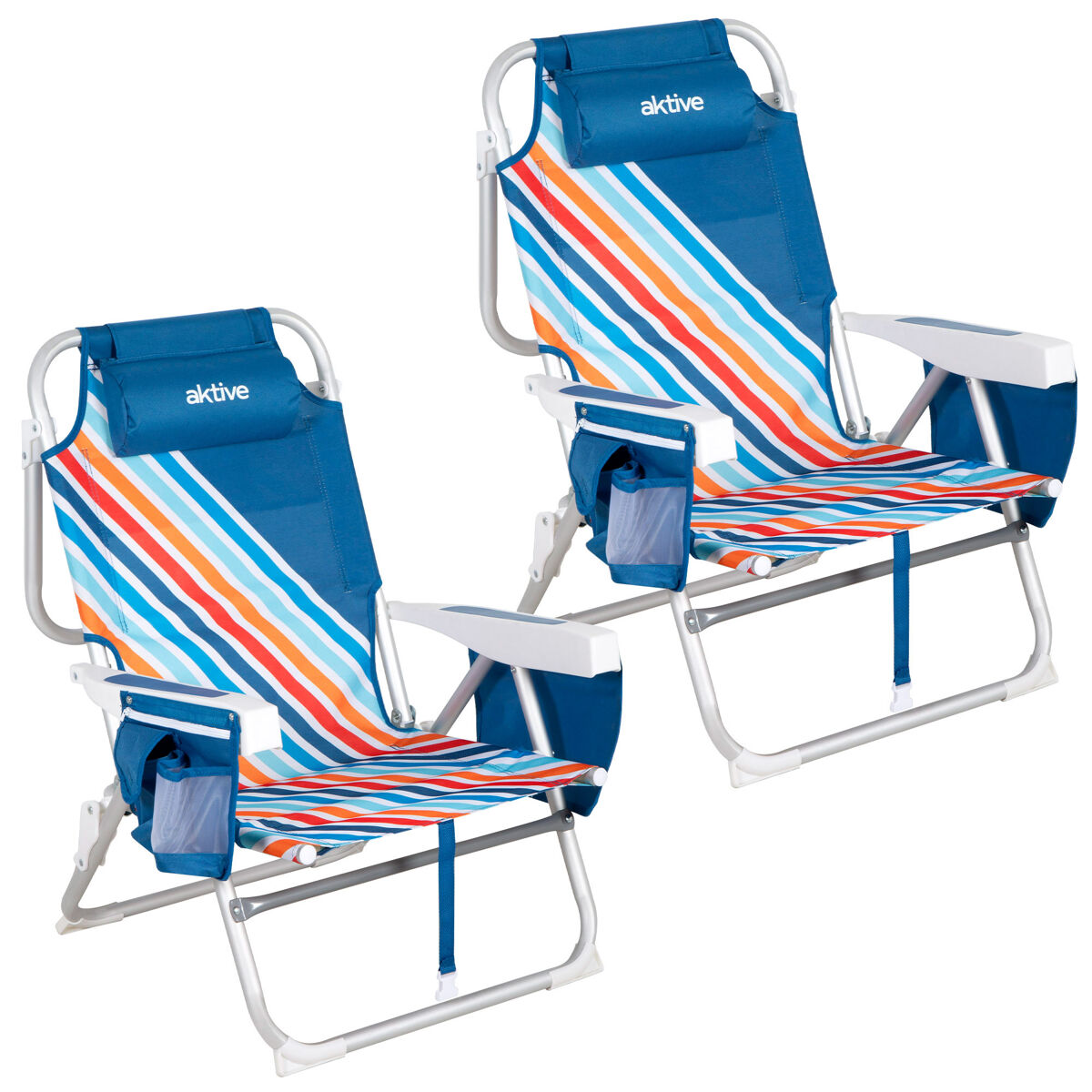 Pack 2 cadeiras de praia médias multiposições 50x55x80 cm multicoloridas com bolsos