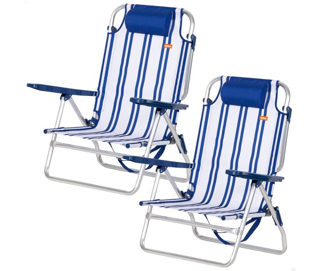 Pack 2 cadeiras de praia baixas com múltiplas posições, 48x45x83 cm, com listras náuticas
