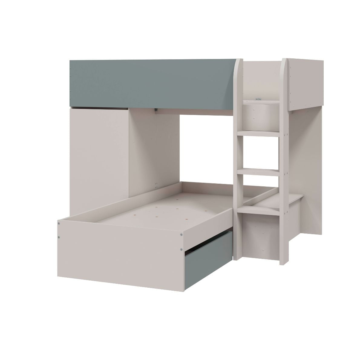 Beliche eureka youth com trem, 2 camas, 2 gavetas e guarda-roupa, verde eucalipto e caxemira 255x152x111 cm