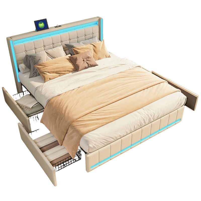 Cama 140x190cm, usb, cama jovem, cama de casal, 4 gavetas, led, linho, bege