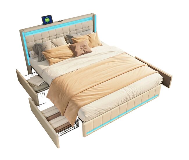 Cama 140x190cm, usb, cama jovem, cama de casal, 4 gavetas, led, linho, bege