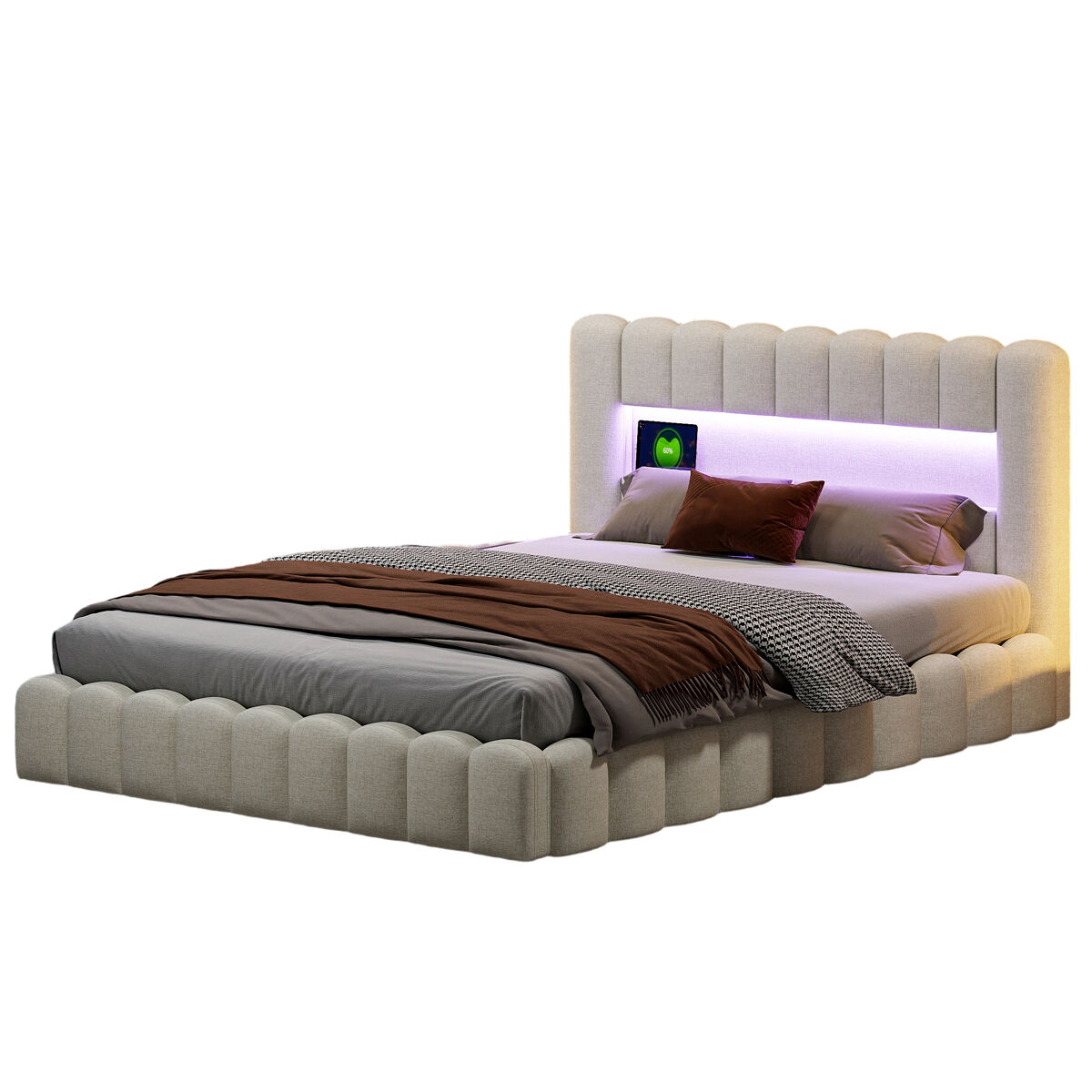 Cama adulta 160x200 cm com estrado estofado - arrumação integrada - linho - portas usb e led regulável - capacidade 300 kg - bege
