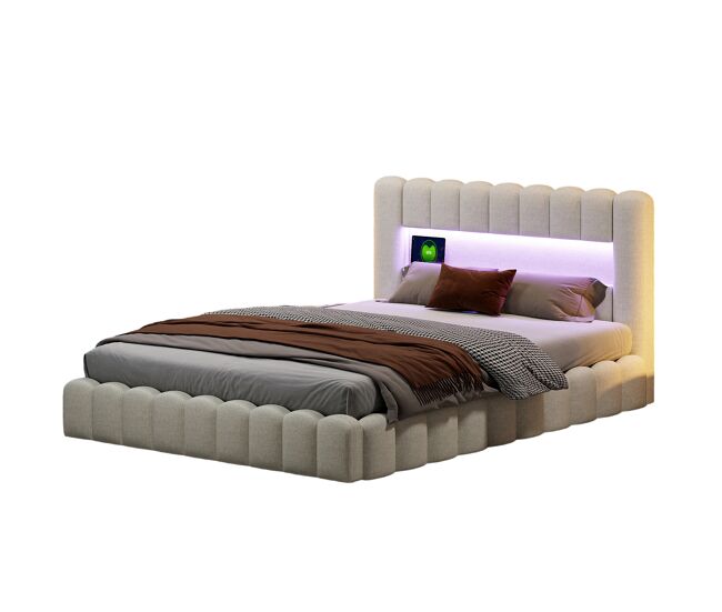 Cama adulta 160x200 cm com estrado estofado - arrumação integrada - linho - portas usb e led regulável - capacidade 300 kg - bege