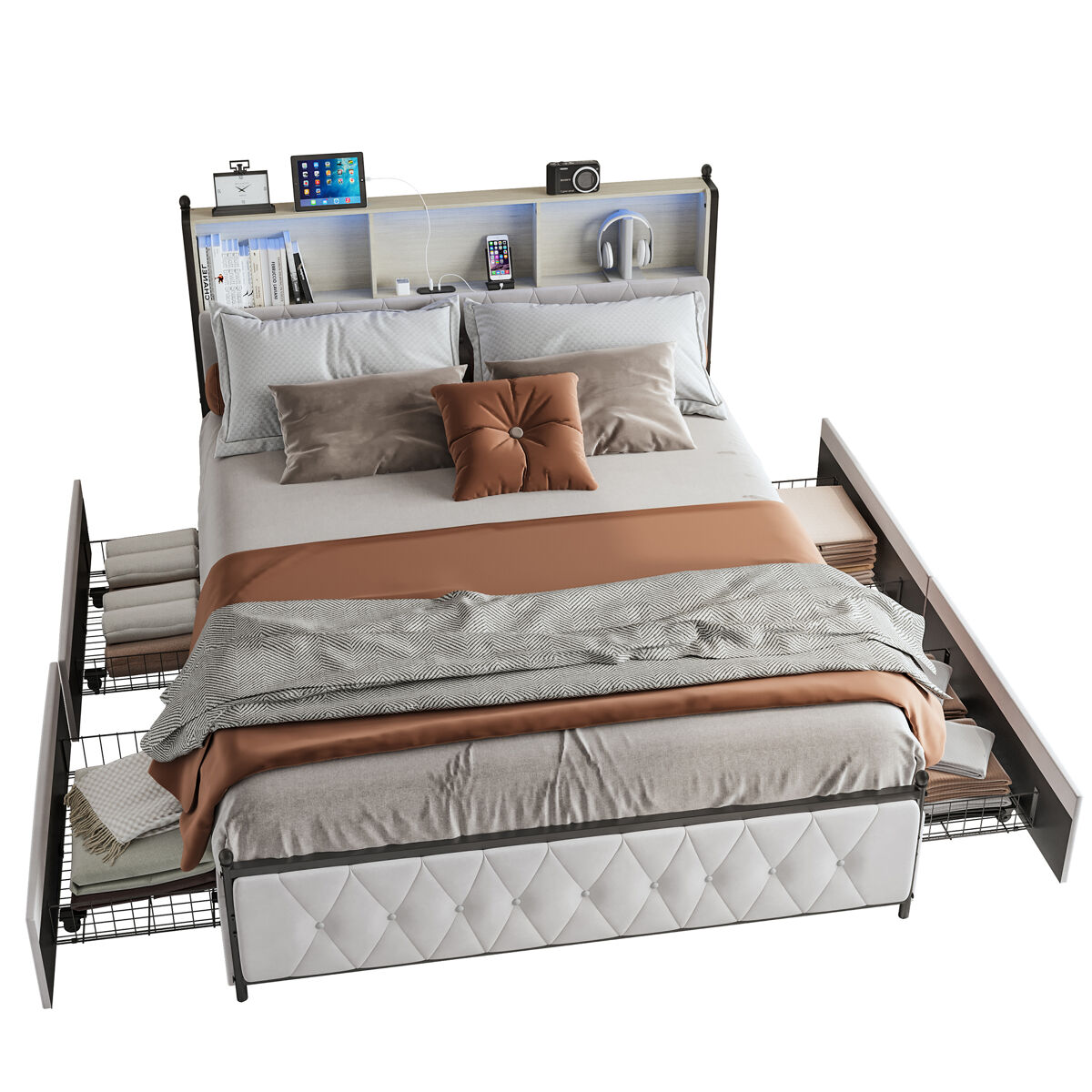 Cama estofada adulta 140x200 cm - led - usb - 4 gavetas - estrado de ripas - veludo bege