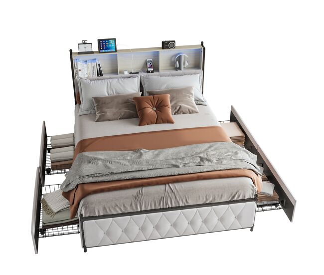 Cama estofada adulta 140x200 cm - led - usb - 4 gavetas - estrado de ripas - veludo bege