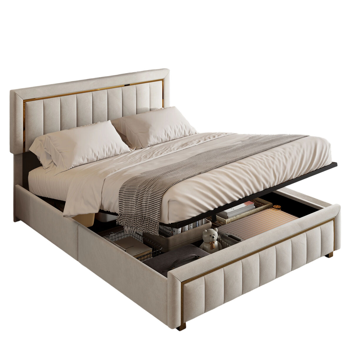 Cama 140x190 cm em veludo bege com canapé a gás, borda dourada e design de listras verticais