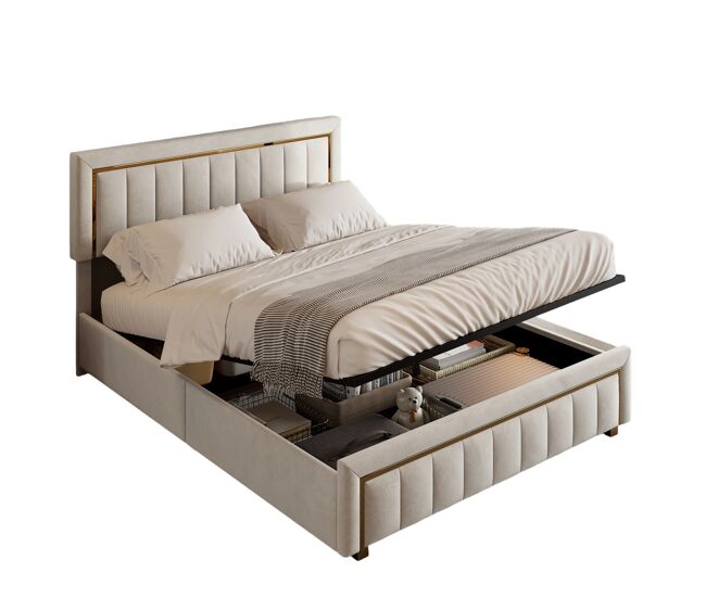 Cama 140x190 cm em veludo bege com canapé a gás, borda dourada e design de listras verticais