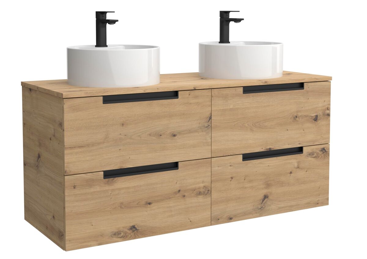 Móvel leni carvalho 140cm 4 gavetas lavatório sobre bancada 2 cubas porcelana|140x45x54