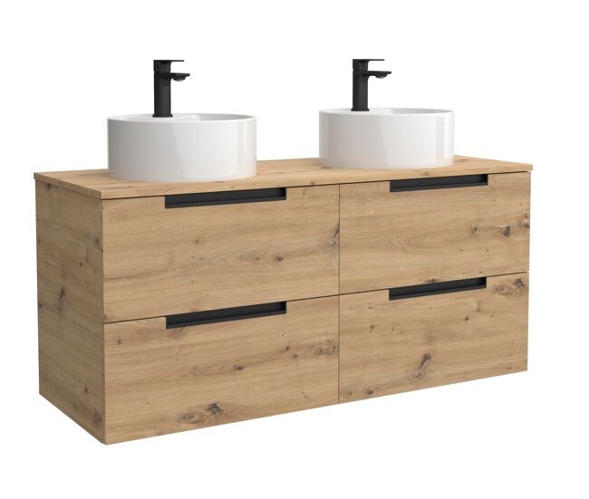 Móvel leni carvalho 140cm 4 gavetas lavatório sobre bancada 2 cubas porcelana|140x45x54