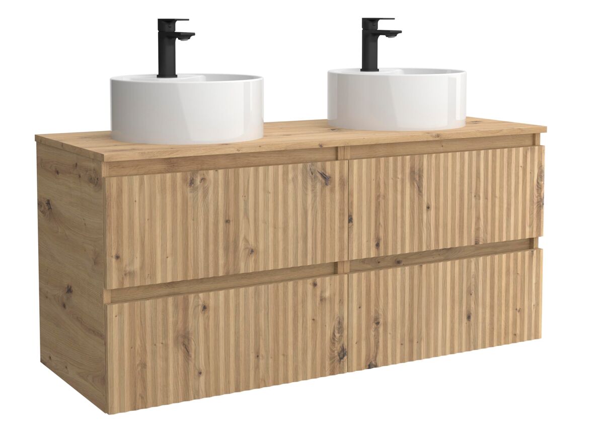 Móvel kira carvalho 120cm 4 gavetas lavatório sobre bancada 2 cubas porcelana|120x45x54