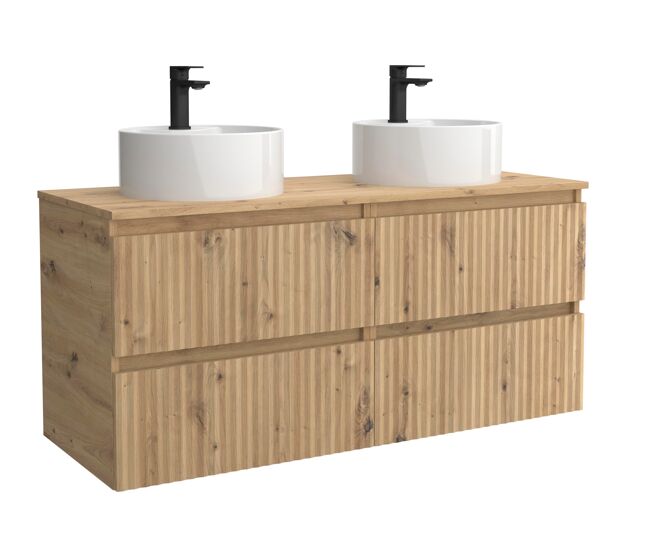 Móvel kira carvalho 120cm 4 gavetas lavatório sobre bancada 2 cubas porcelana|120x45x54