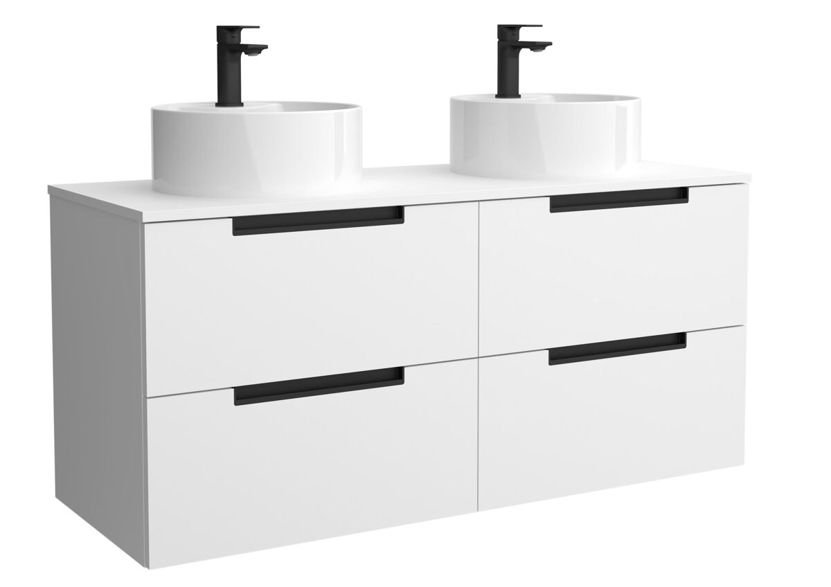 Móvel leni branco fosco 120cm 4 gavetas lavatório sobre bancada 2 cubas porcelana|120x45x54