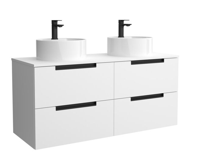 Móvel leni branco fosco 120cm 4 gavetas lavatório sobre bancada 2 cubas porcelana|120x45x54