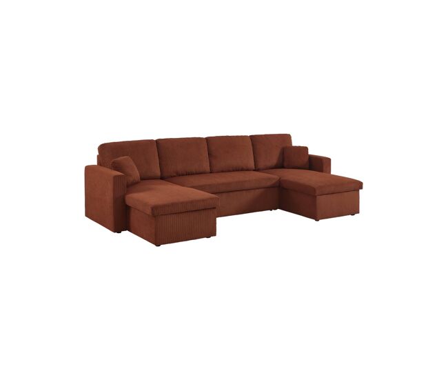 Sofá-cama em veludo canelado com arrumação, 4 lugares terracota - 288x146x86 cm