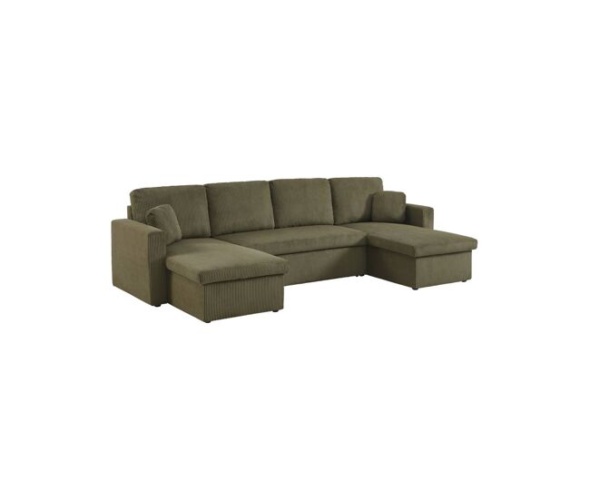 Sofá-cama em veludo canelado com arrumação, 4 lugares verde caqui - 288x146x86 cm