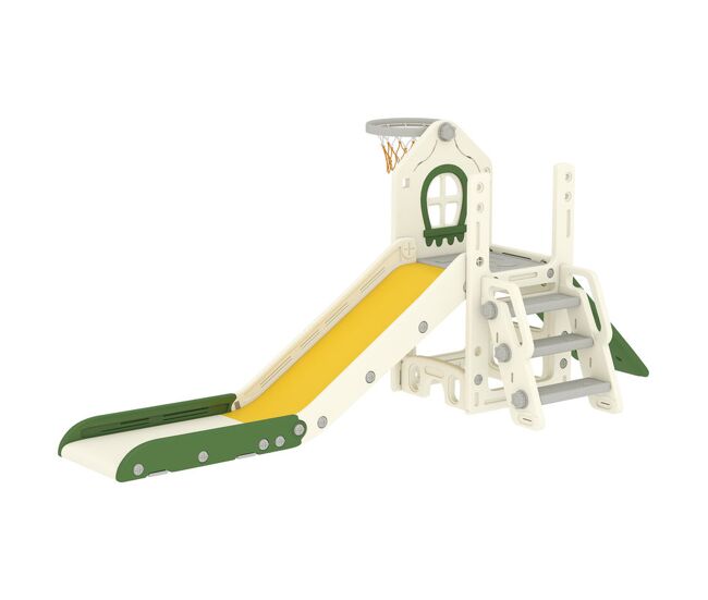 Aiyaplay escorrega infantil dobrável 4 em 1, com trepador, aro de basquetebol, bola e arrumação, degraus, fácil de montar e limpar, uso interior, para enfants 1-3 anos, blanc creme