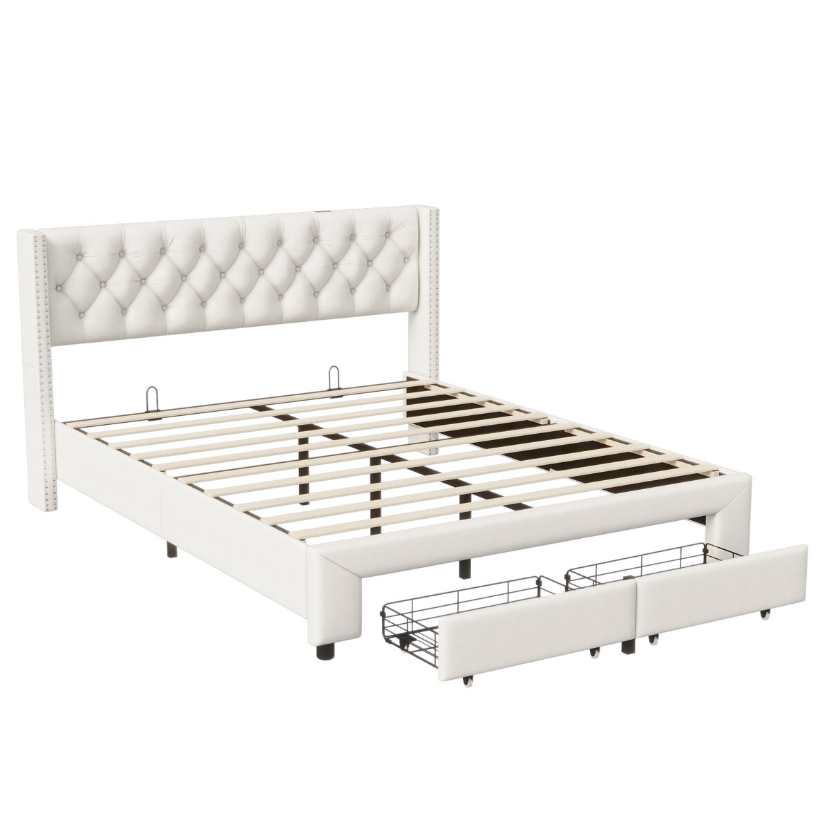 Cama estofada 180x200cm com decoração com tachas, gavetas, faixas de luz, entrada usb, bolsa de arrumação, bege, com carregador europeu.
