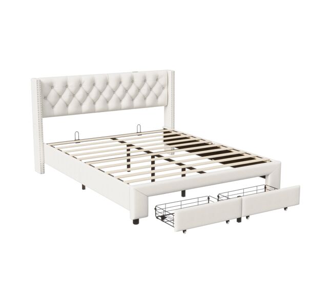Cama estofada 180x200cm com decoração com tachas, gavetas, faixas de luz, entrada usb, bolsa de arrumação, bege, com carregador europeu.